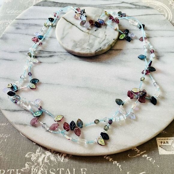 Art Glass Beaded Necklace Iridescent Purple Blue Leaf Leaves Fairycore Boho - Picture 1 of 7